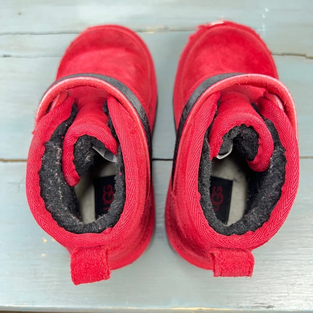 UGG Neumel II Graphic Strap Red Suede Kids Boots Size 11 girls